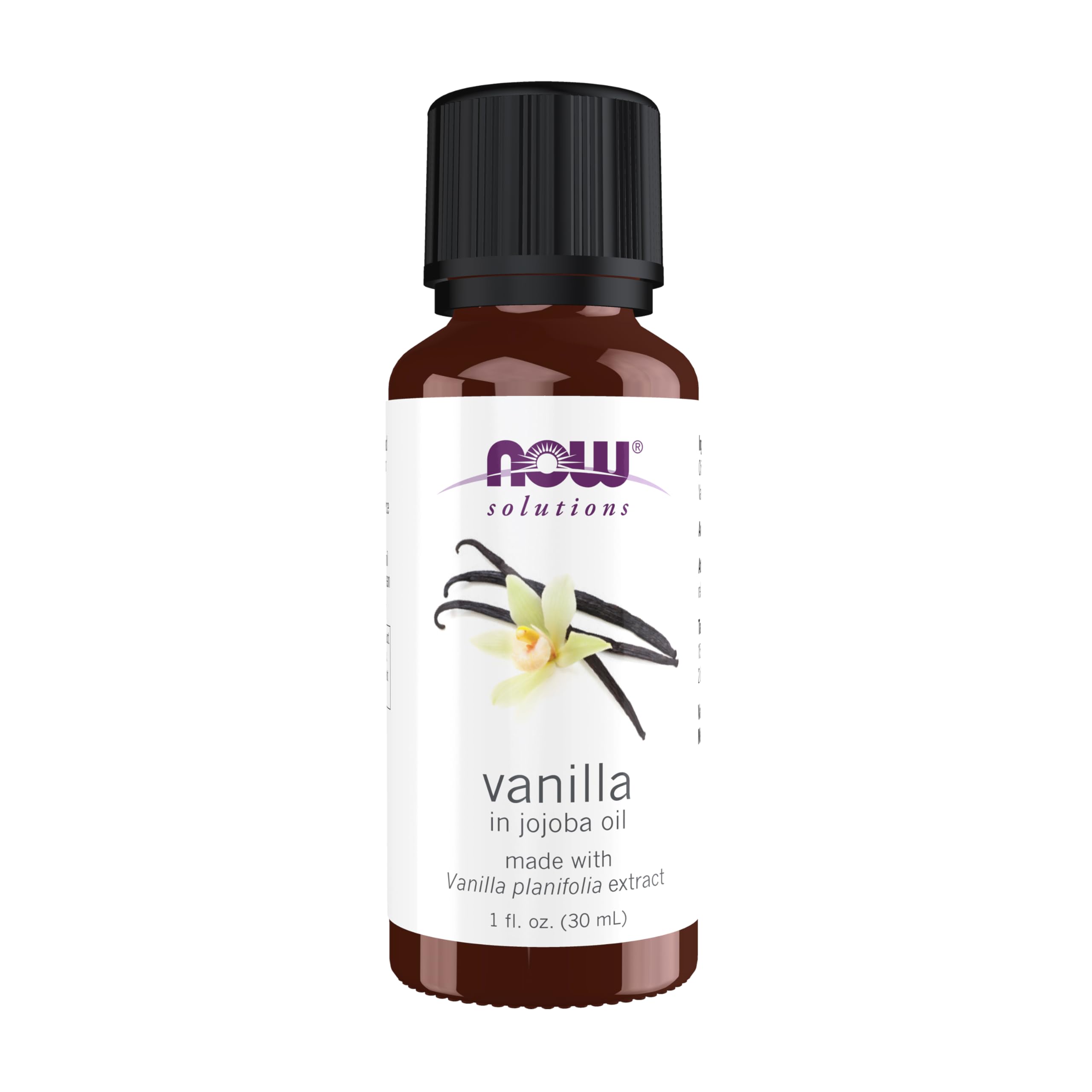 NOW Foods Vanilla Oil bottle with jojoba base for soothing aromatherapy.