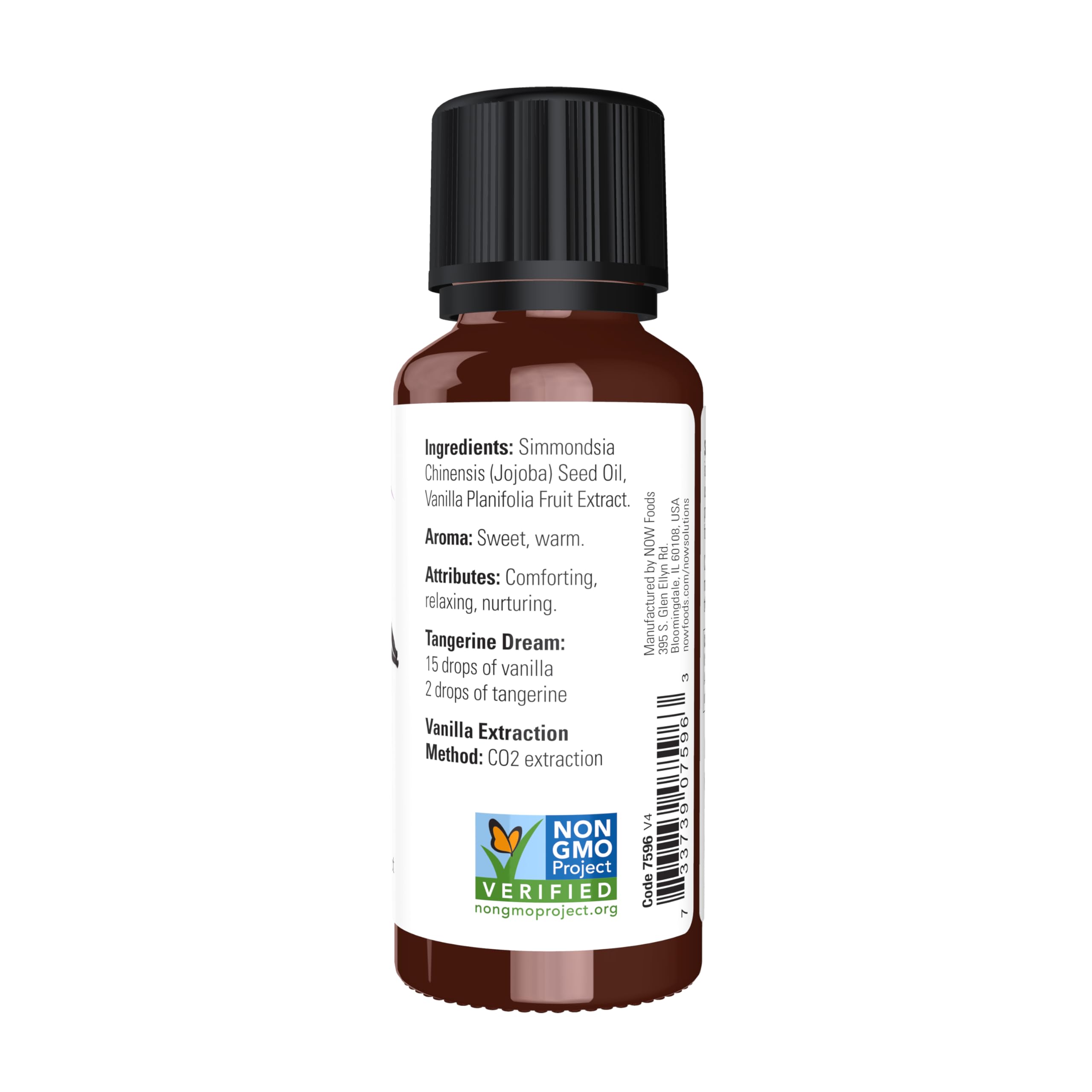 NOW Foods Vanilla Oil showing jojoba as a gentle carrier for diffusion.
