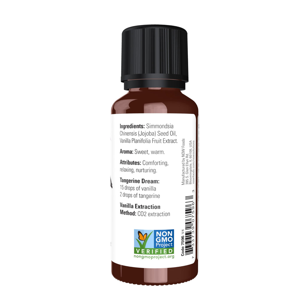 NOW Foods Vanilla Oil showing jojoba as a gentle carrier for diffusion.