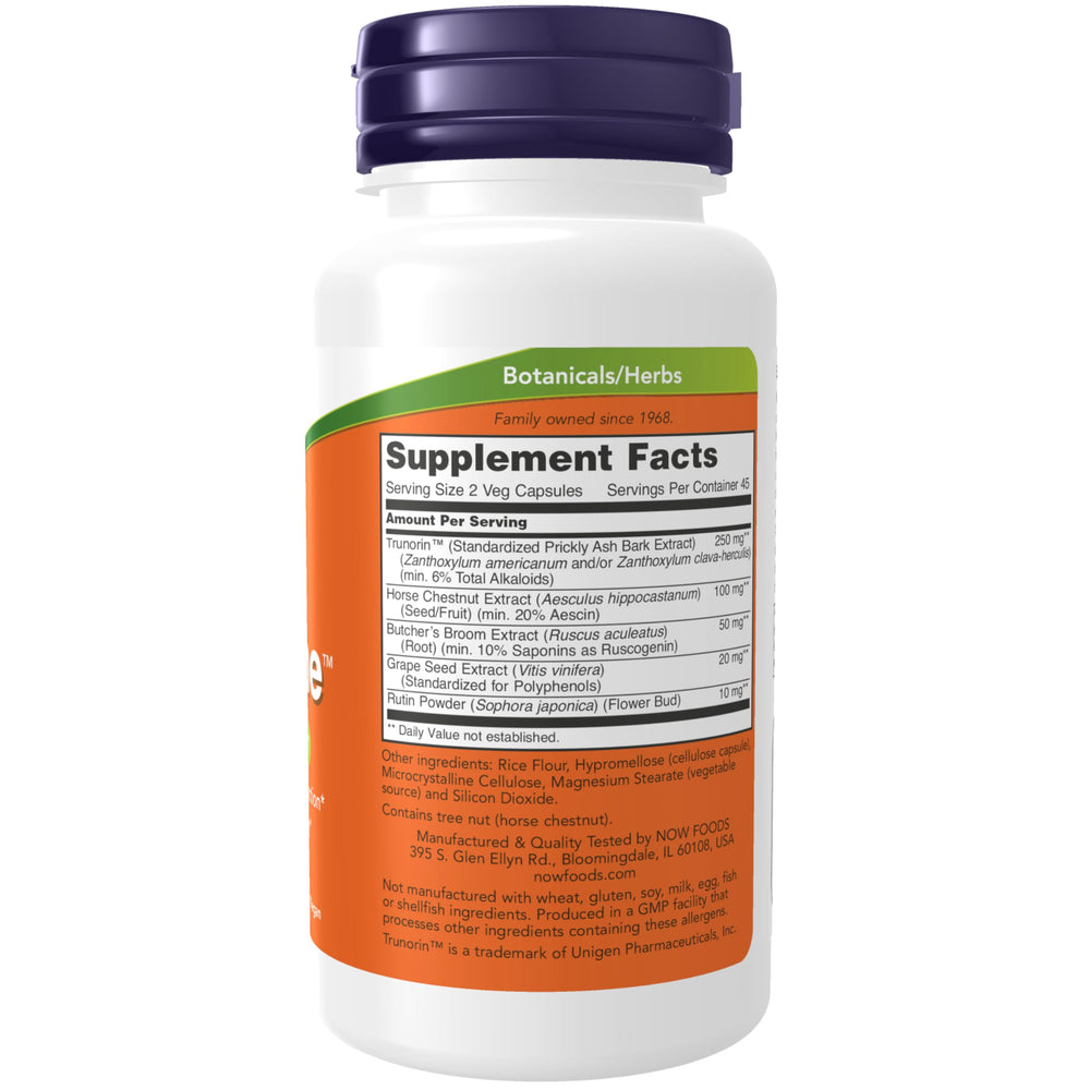 NOW Foods Vein Supreme capsules close-up emphasizing convenient daily circulation support