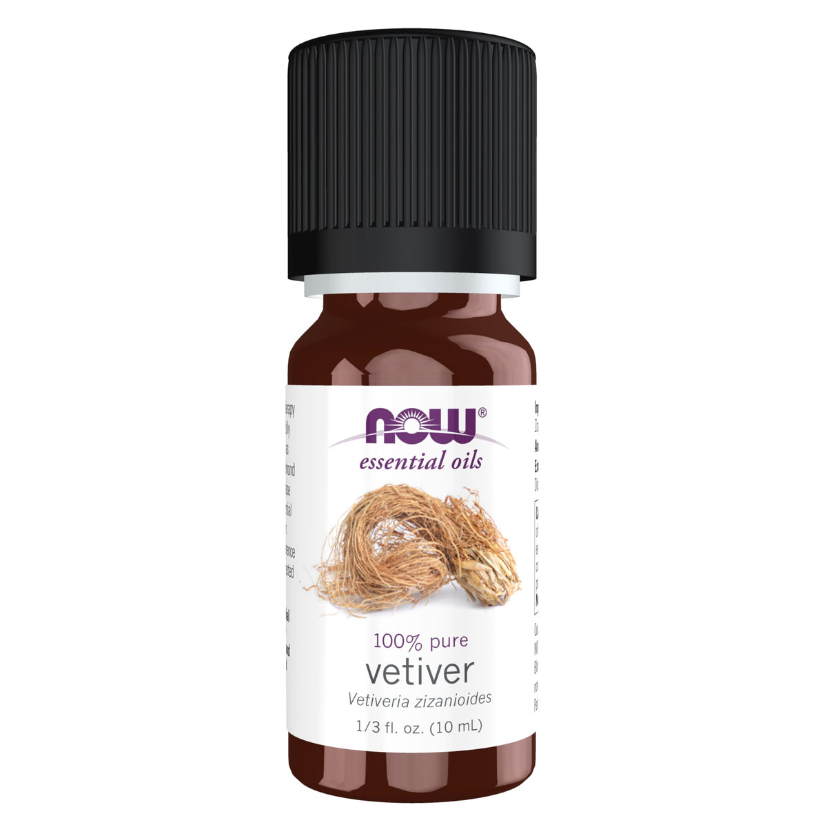 NOW Foods Vetiver Oil bottle close-up showing grounding aroma