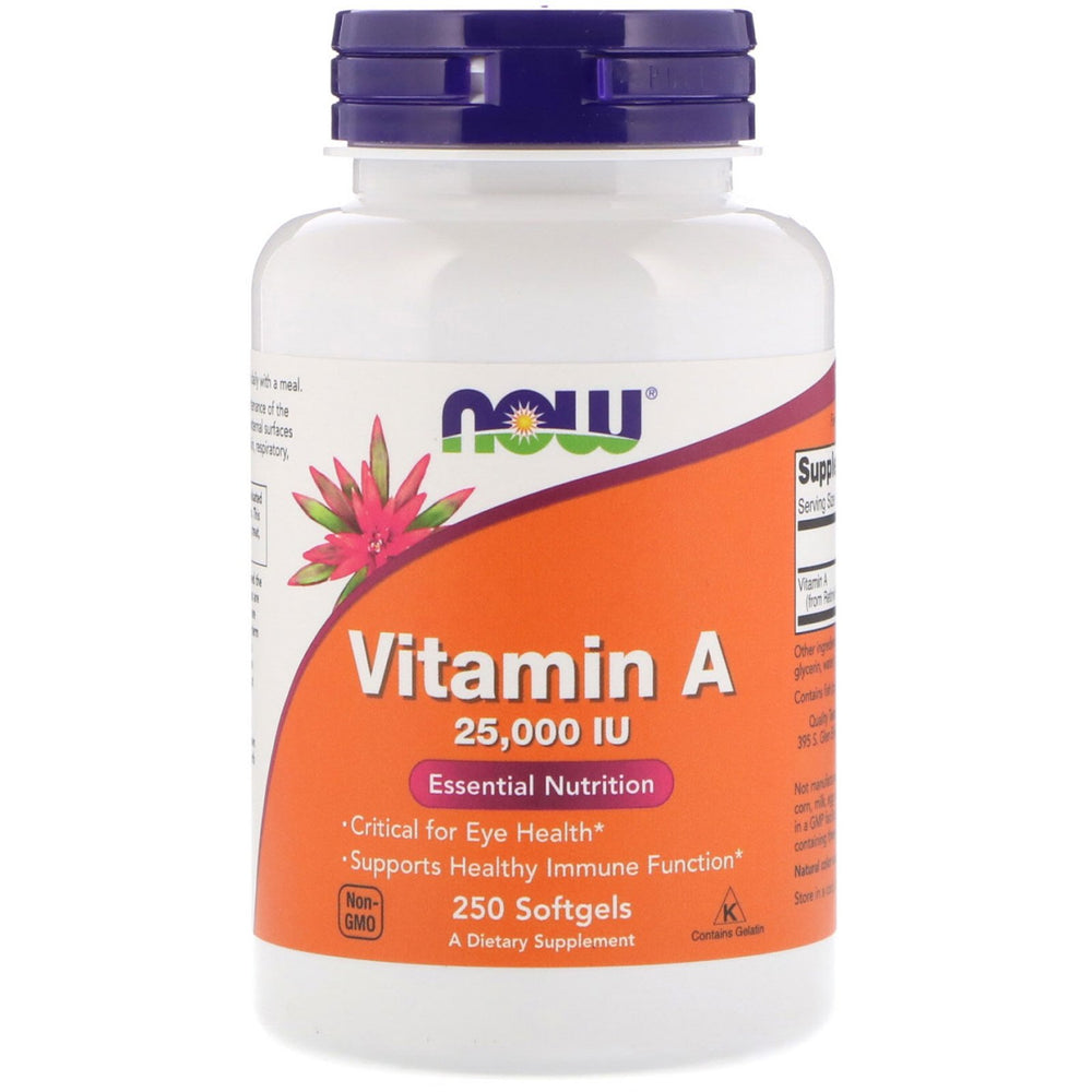 NOW Foods Vitamin A 25,000 IU bottle label highlights potency for daily support.