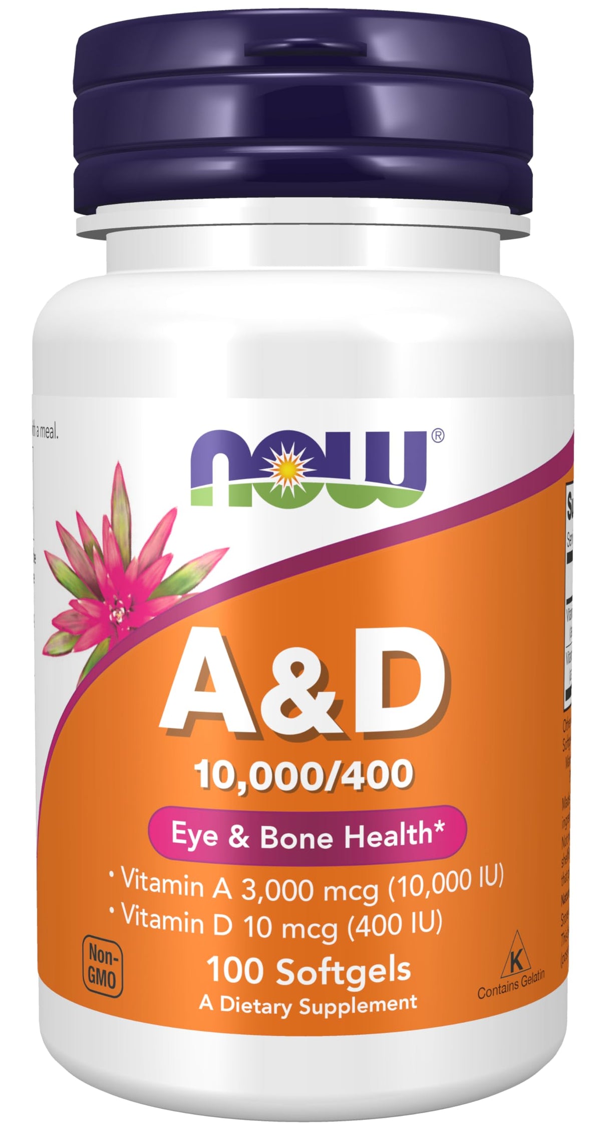 NOW Foods Vitamin A and D bottle front view with label for easy reference