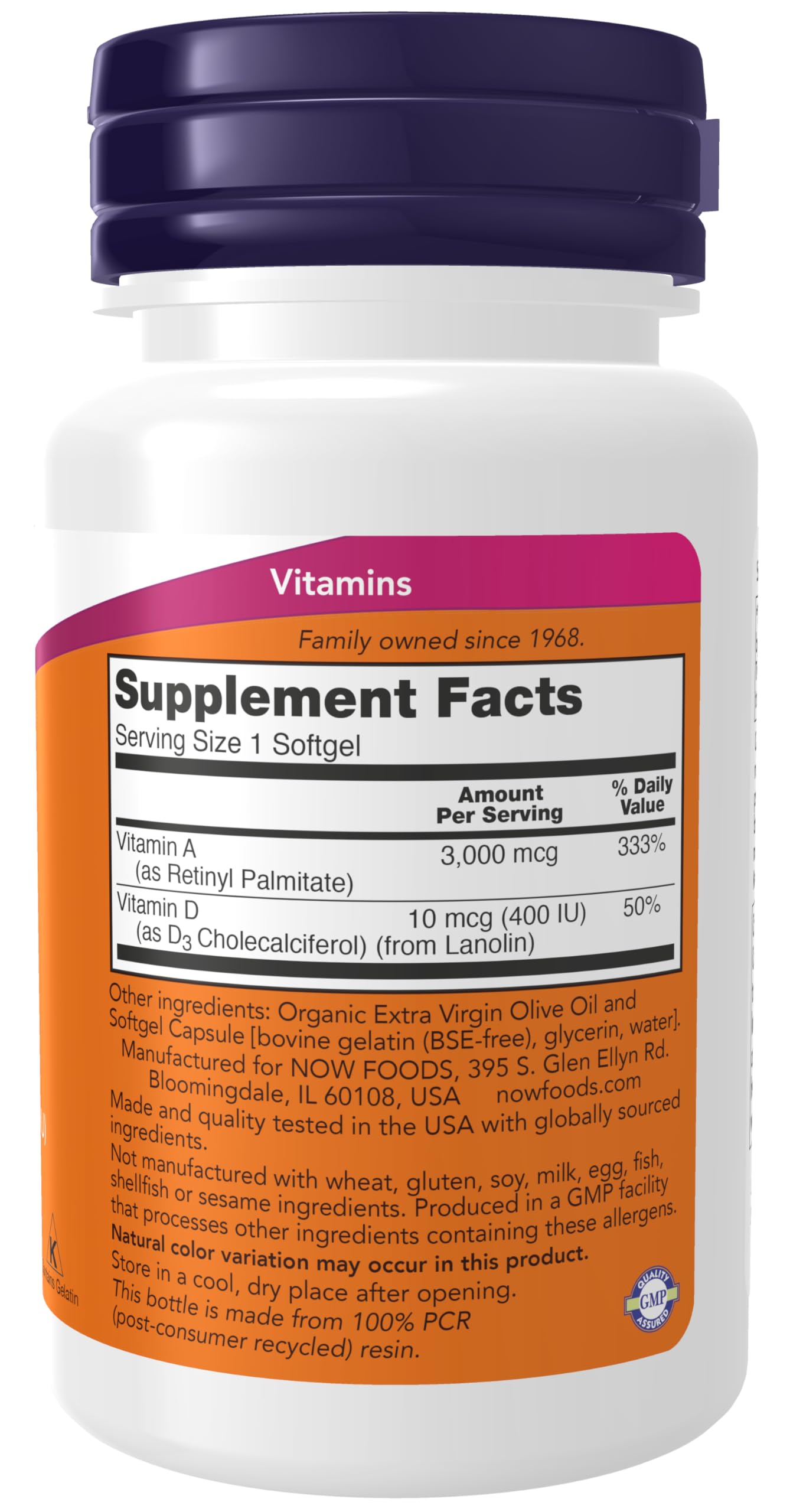 NOW Foods Vitamin A and D softgels close-up ready for daily use