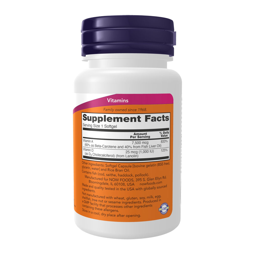 NOW Foods Vitamin A D3 label closeup highlighting high potency vitamins for daily use