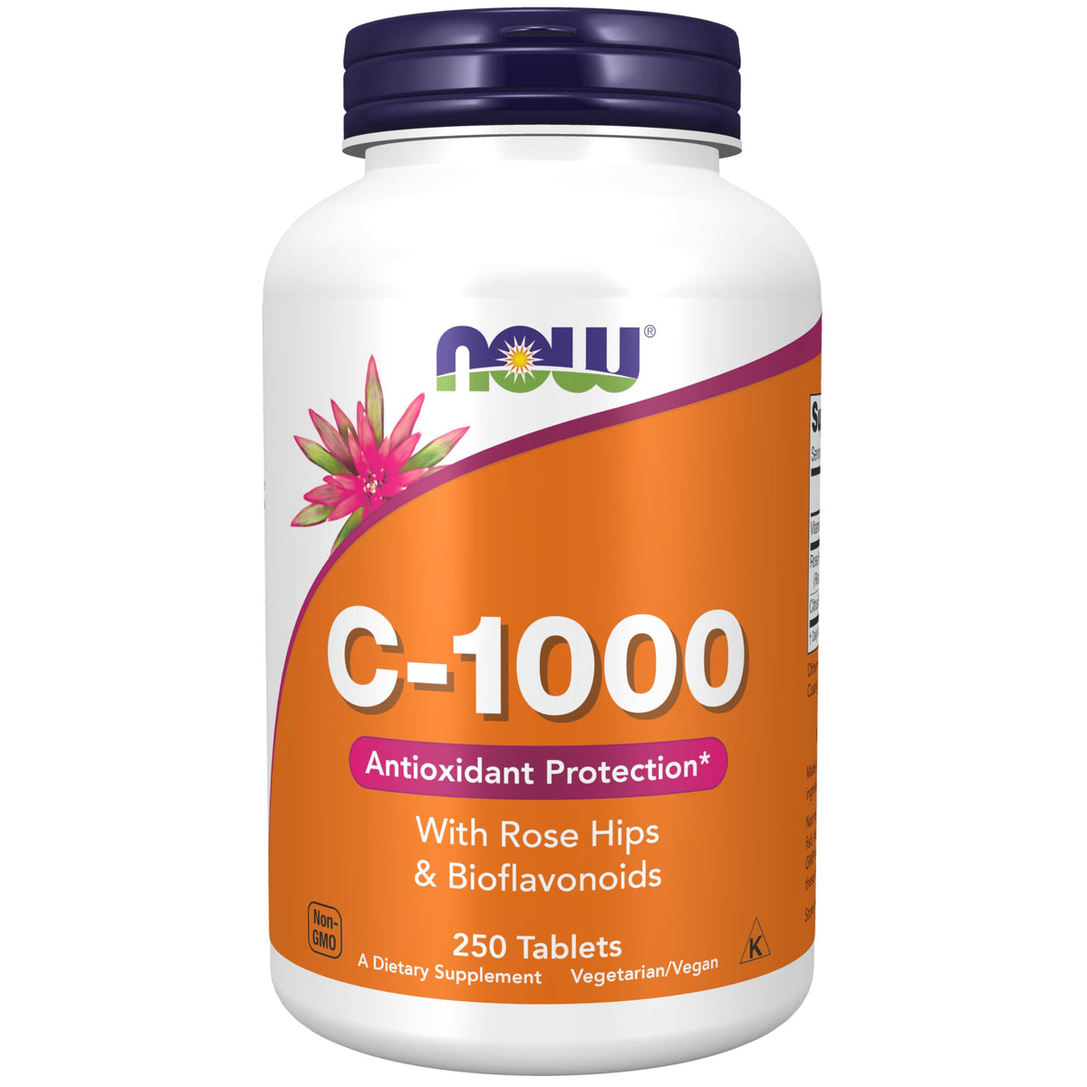 NOW Foods Vitamin C-1000 bottle front with rose hips highlight for immune support