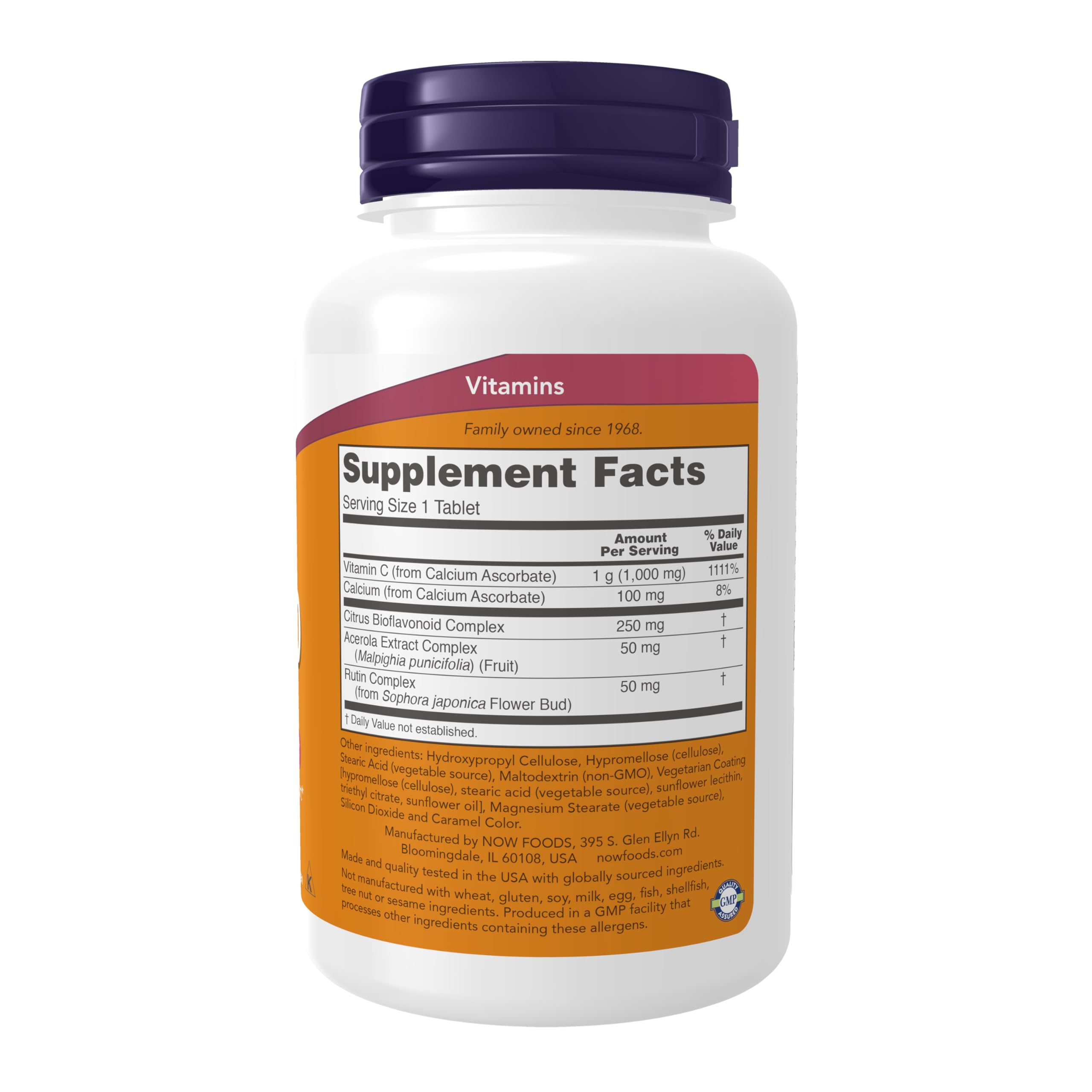 NOW Foods Vitamin C-1000 buffered calcium ascorbate tablets close-up showing non-acidic form