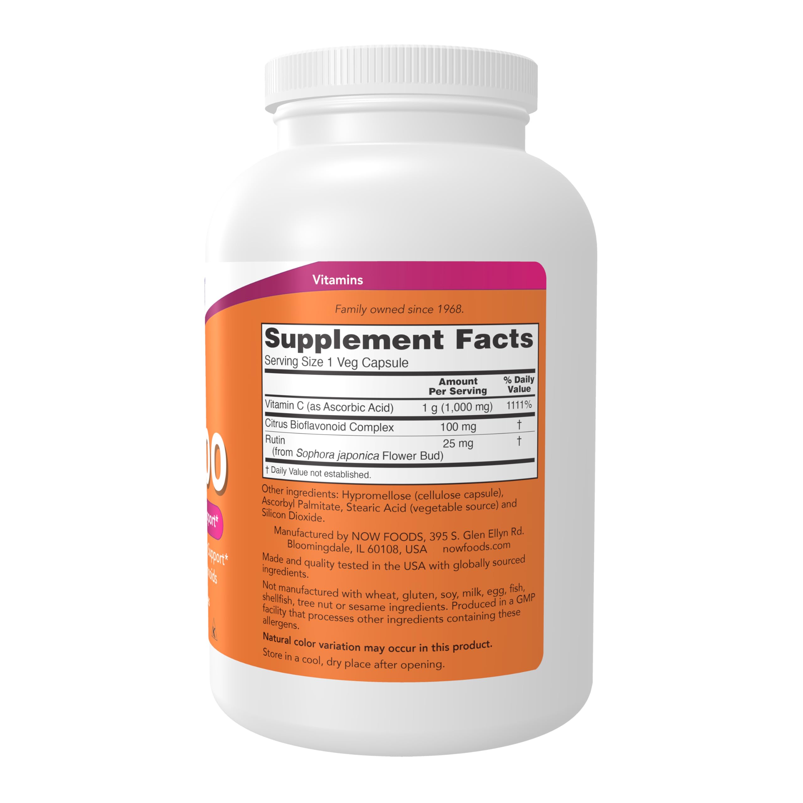 NOW Foods Vitamin C-1000 capsules close-up highlighting bioflavonoids and daily antioxidant benefits.