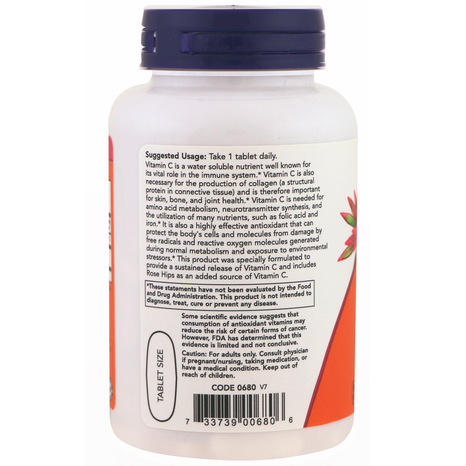 NOW Foods Vitamin C-1000 with rose hips visible for enriched vitamin C.
