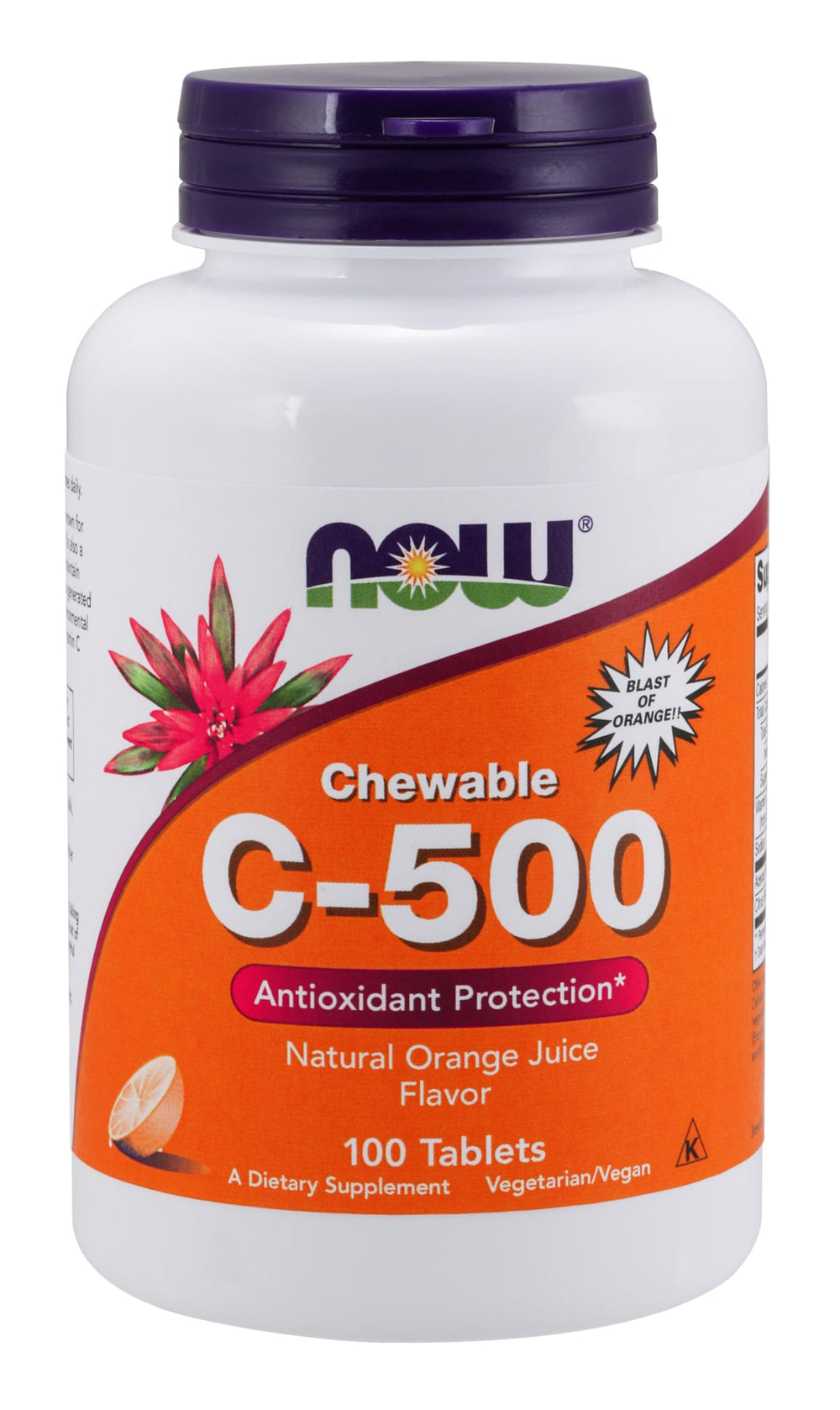 NOW Foods Vitamin C-500 chewable orange bottle, 100 tablets, ideal for daily wellness routines.