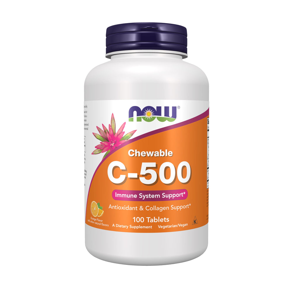 NOW Foods Vitamin C-500 chewables bottle pour with orange flavor for immune support
