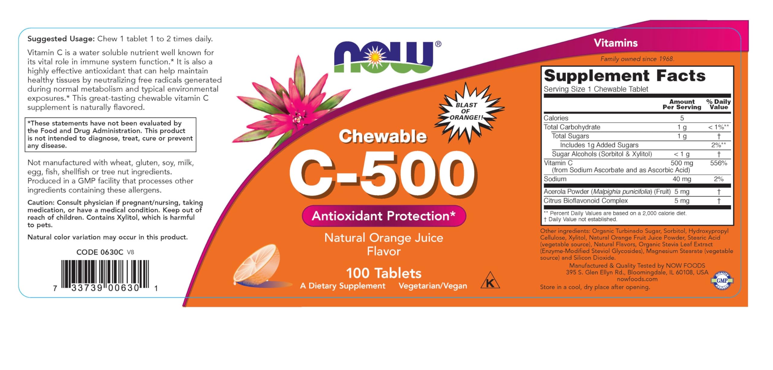 NOW Foods Vitamin C-500 chewable orange tablets close-up, convenient daily vitamin for on-the-go nourishment.