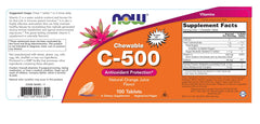NOW Foods Vitamin C-500 chewable orange tablets close-up, convenient daily vitamin for on-the-go nourishment.