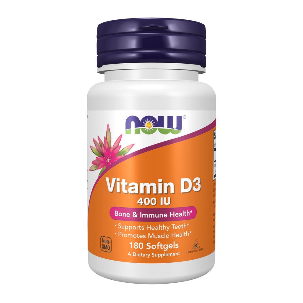NOW Foods Vitamin D-3 400 IU softgels bottle front, supports bone health and immune function.