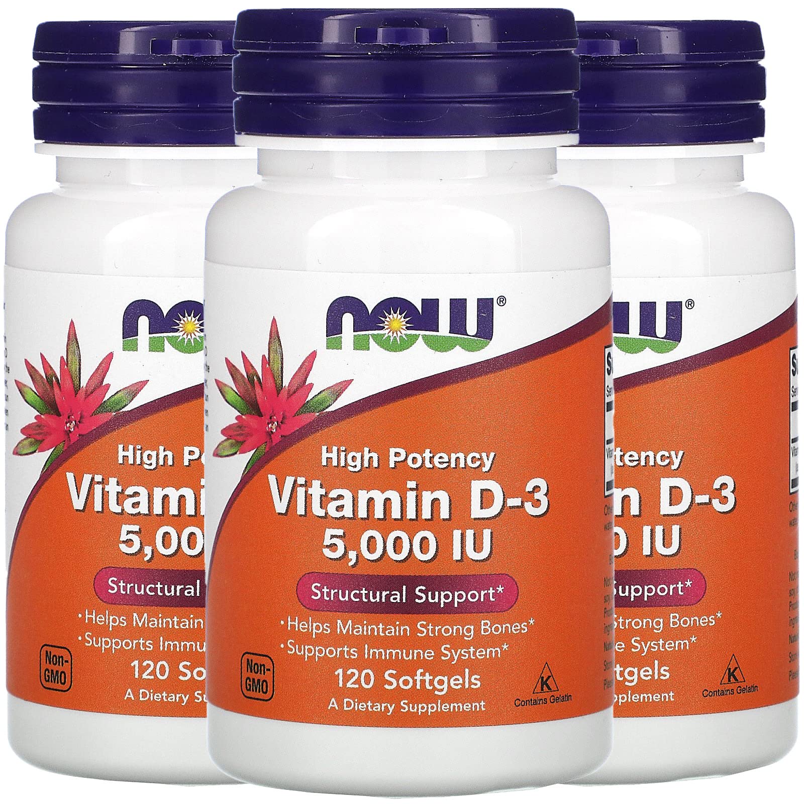 NOW Foods Vitamin D-3 softgels front packaging shows immune support and bone focus.