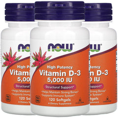 NOW Foods Vitamin D-3 softgels front packaging shows immune support and bone focus.
