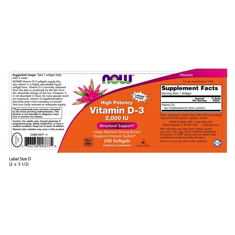 NOW Foods Vitamin D-3 softgels on a package label for daily intake