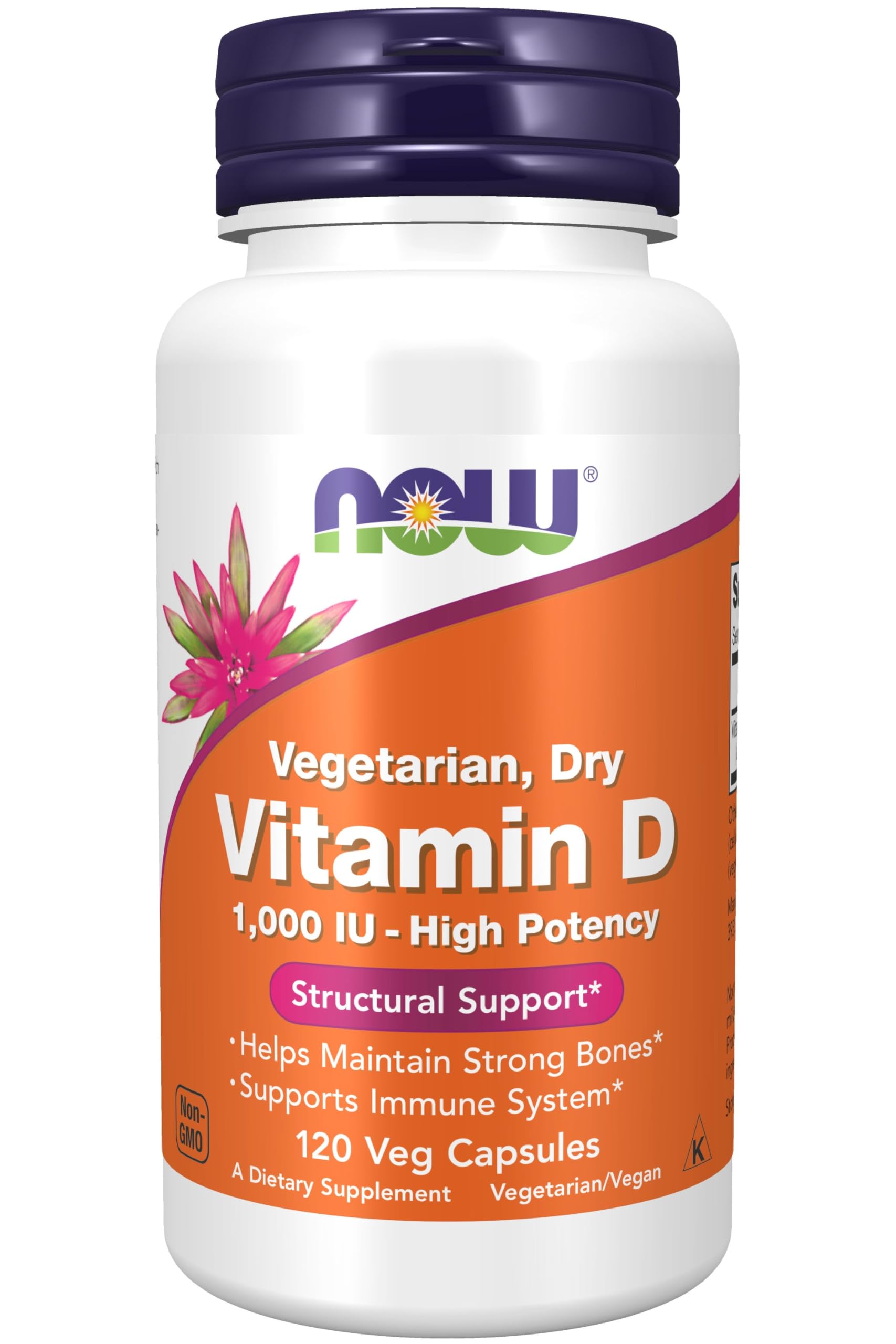 Now Foods Vitamin D Vegetarian Dry 1000 IU bottle front view supports bone health