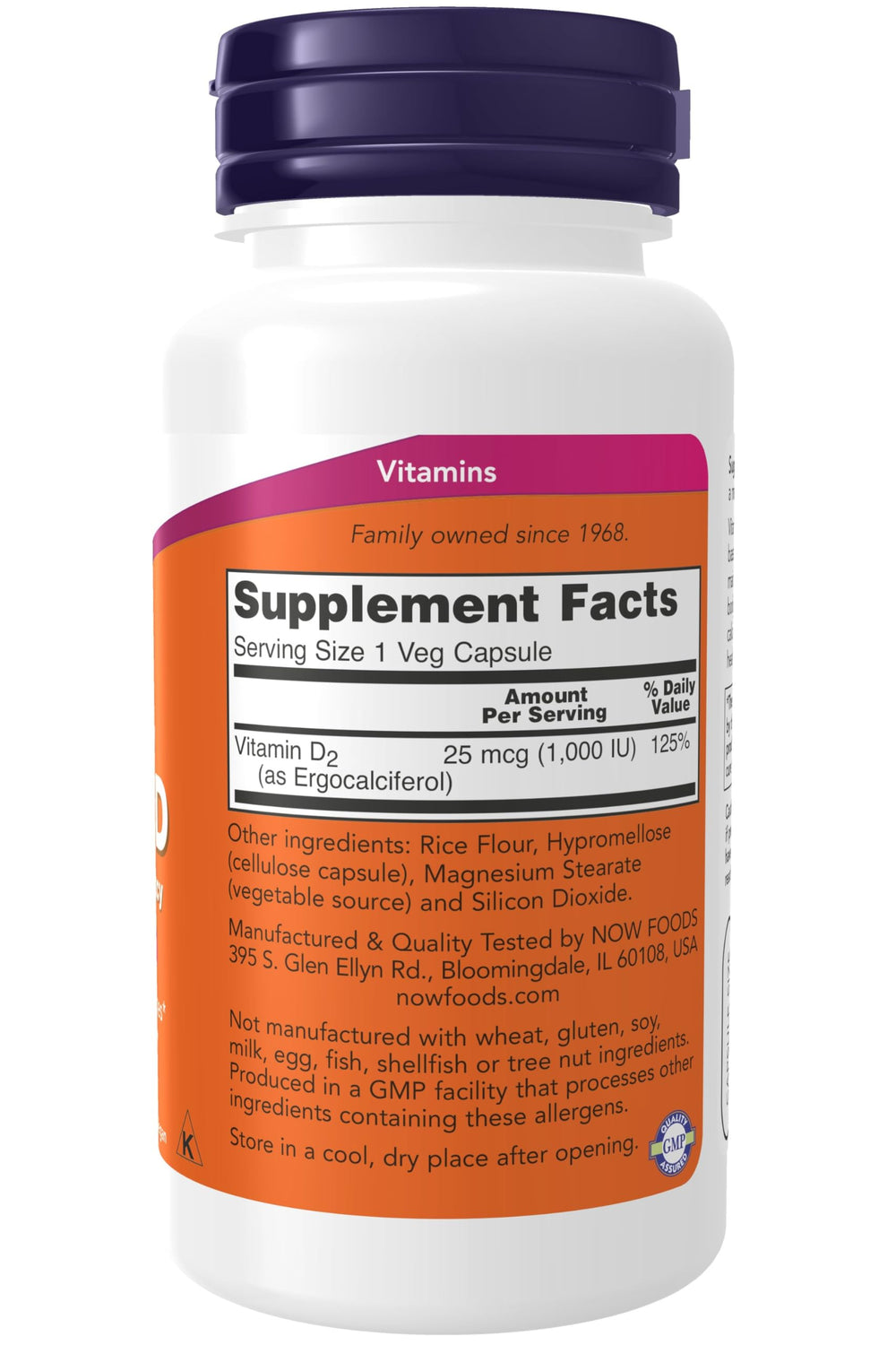 Now Foods Vitamin D Vegetarian Dry 1000 IU capsules closeup highlights high potency daily support