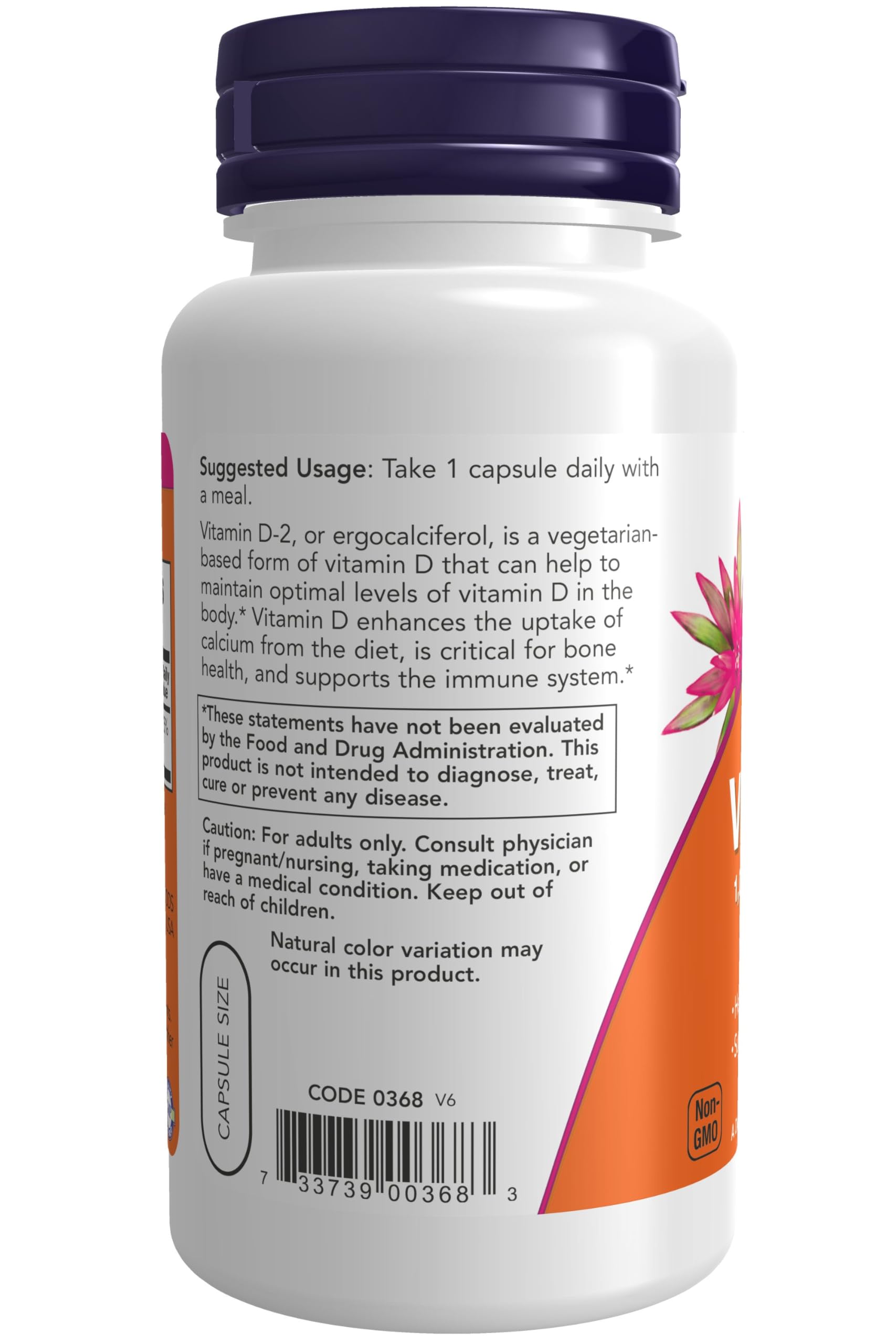 Now Foods Vitamin D Vegetarian Dry 1000 IU non-GMO ingredients panel for vegan-friendly supplementation