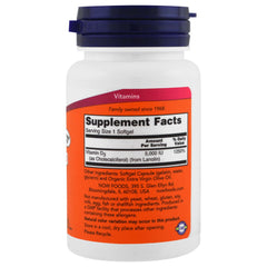 NOW Foods Vitamin D-3 5000 IU nutrition label close-up for transparency
