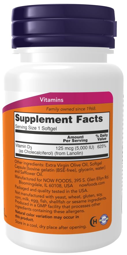 NOW Foods Vitamin D3 5000 IU packaging on store shelf conveys quality.