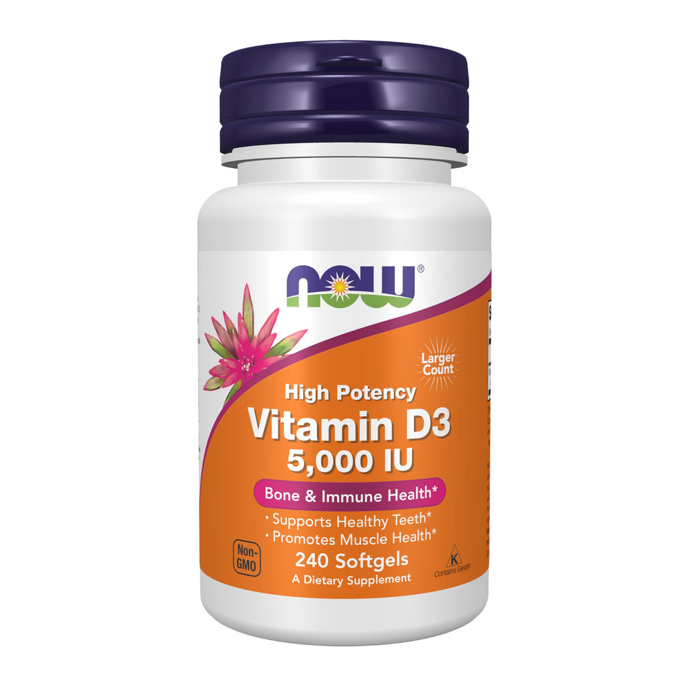 NOW Foods Vitamin D-3 5000 IU softgel bottle for immune and bone support