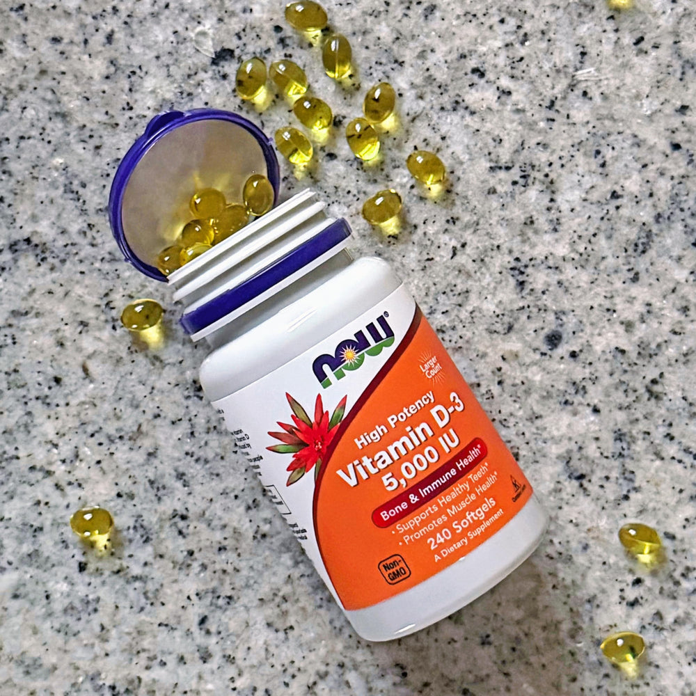 NOW Foods Vitamin D-3 5000 IU softgel multi-pack view indicating value