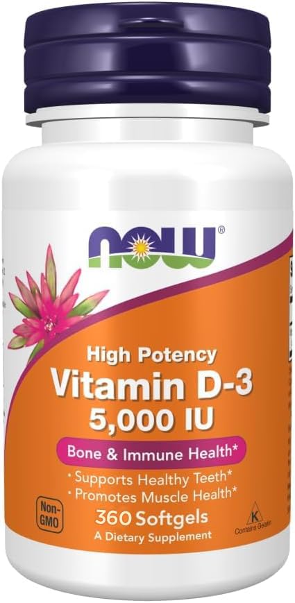 NOW Foods Vitamin D3 5000 IU softgels bottle for bone and immune support.