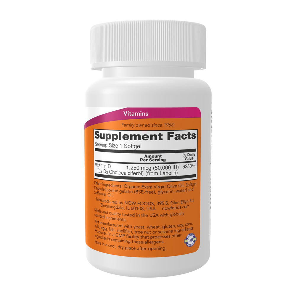 NOW Foods Vitamin D-3 50,000 IU softgels label closeup with potency details