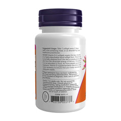 NOW Foods Vitamin D3 bottle label emphasizes nutrition facts and quality standards.