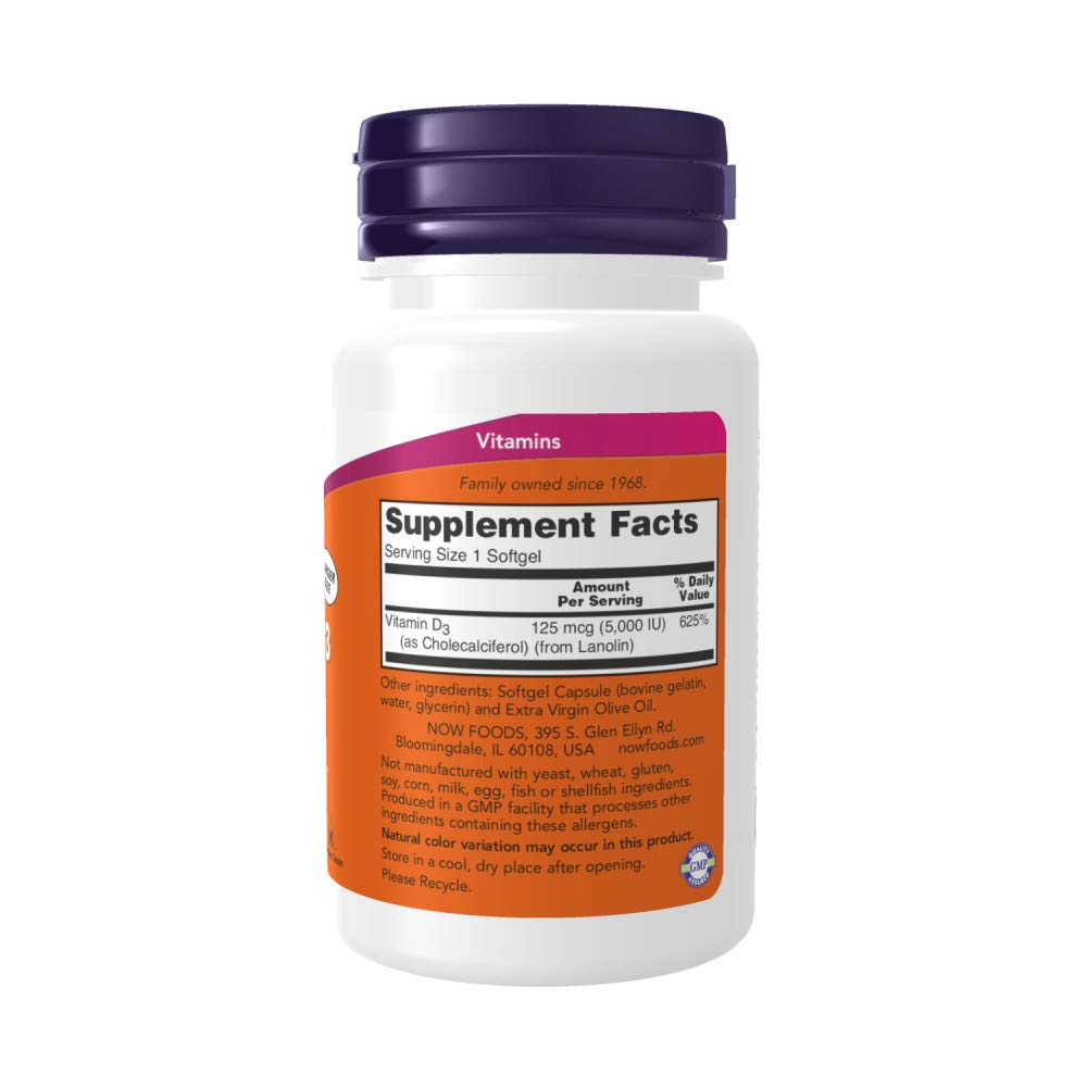 NOW Foods Vitamin D3 softgel capsules close-up highlighting high potency for daily wellness.