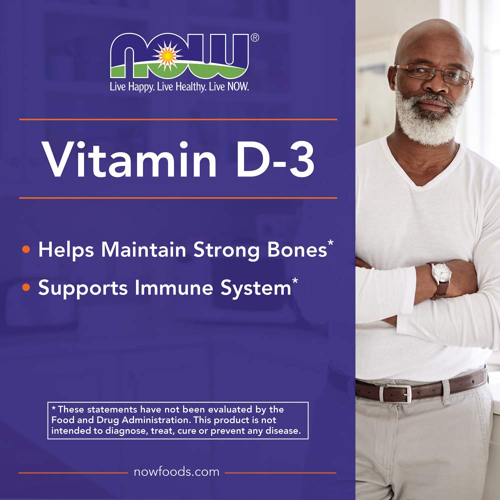 NOW Foods Vitamin D3 softgel amber glass bottle highlights potent daily supplementation.