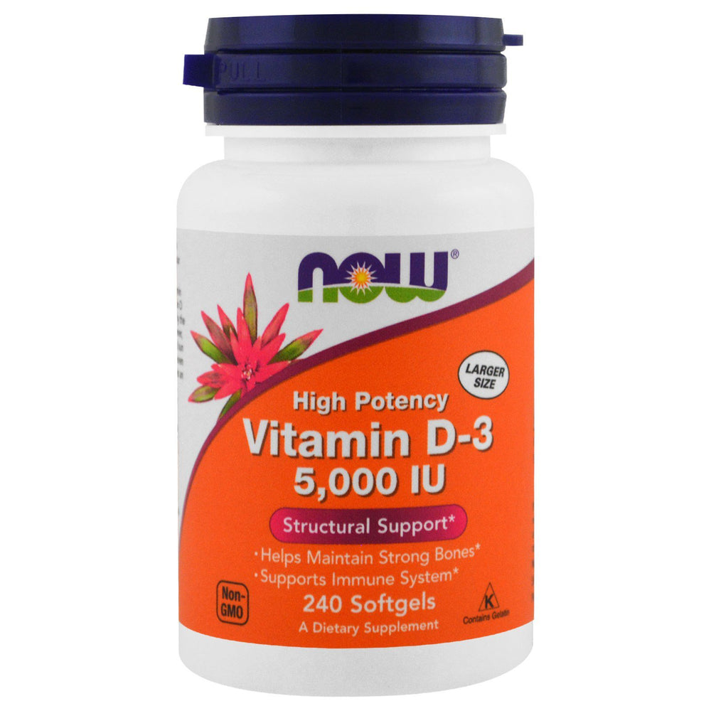 NOW Foods Vitamin D-3 5000 IU softgels being poured shows easy dosing