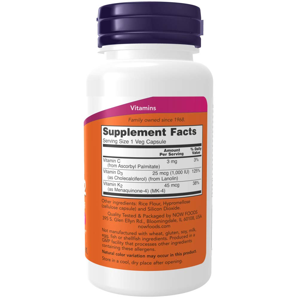 NOW Foods Vitamin D-3 & K-2 bottle back label two-pack highlights essential nutrients