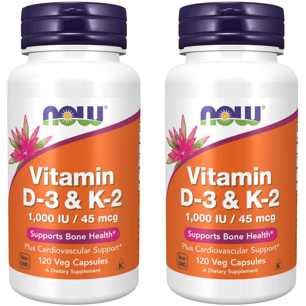 NOW Foods Vitamin D-3 & K-2 bottle front two-pack shows bone health support
