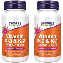 NOW Foods Vitamin D-3 & K-2 bottle front two-pack shows bone health support