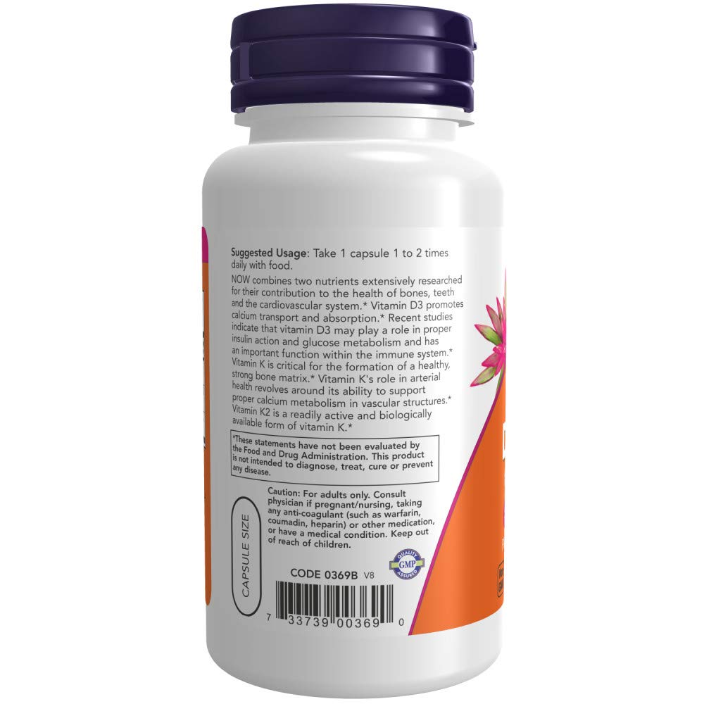 NOW Foods Vitamin D-3 & K-2 capsules close-up reveals veggie capsules