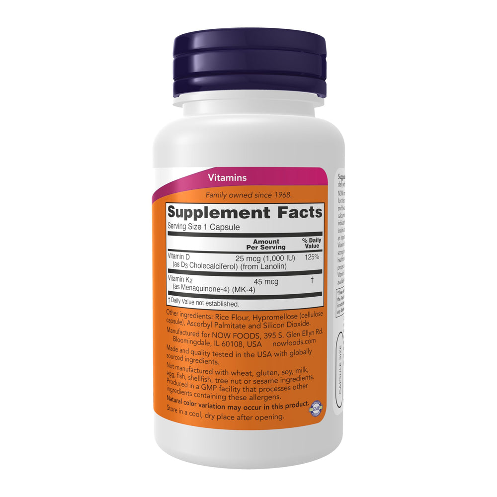 NOW Foods Vitamin D-3-K-2 capsules shown in bottle for daily bone and cardiovascular health.