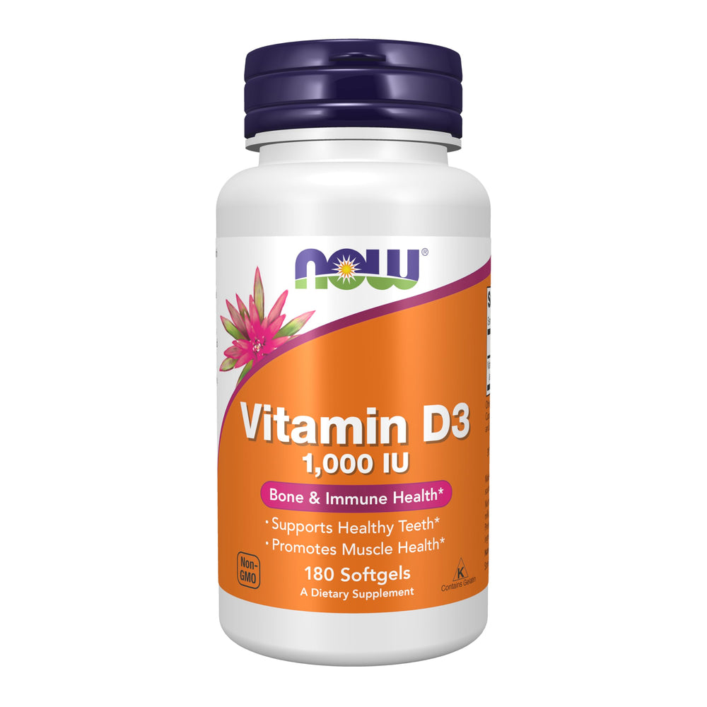 NOW Foods Vitamin D-3 softgels bottle front highlighting high potency for bone support.