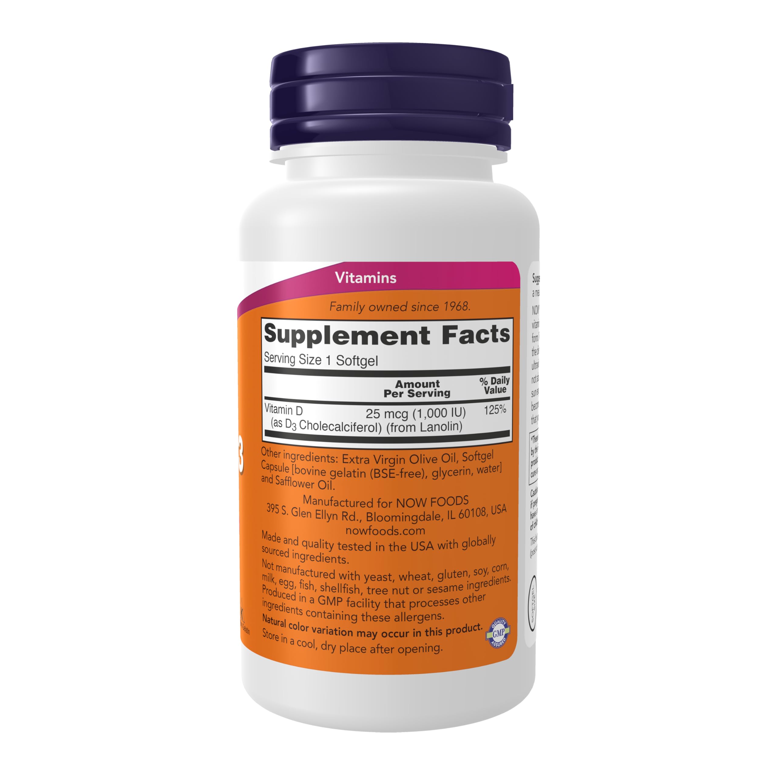 NOW Foods Vitamin D-3 softgels bottle side label showing ingredients and certifications.