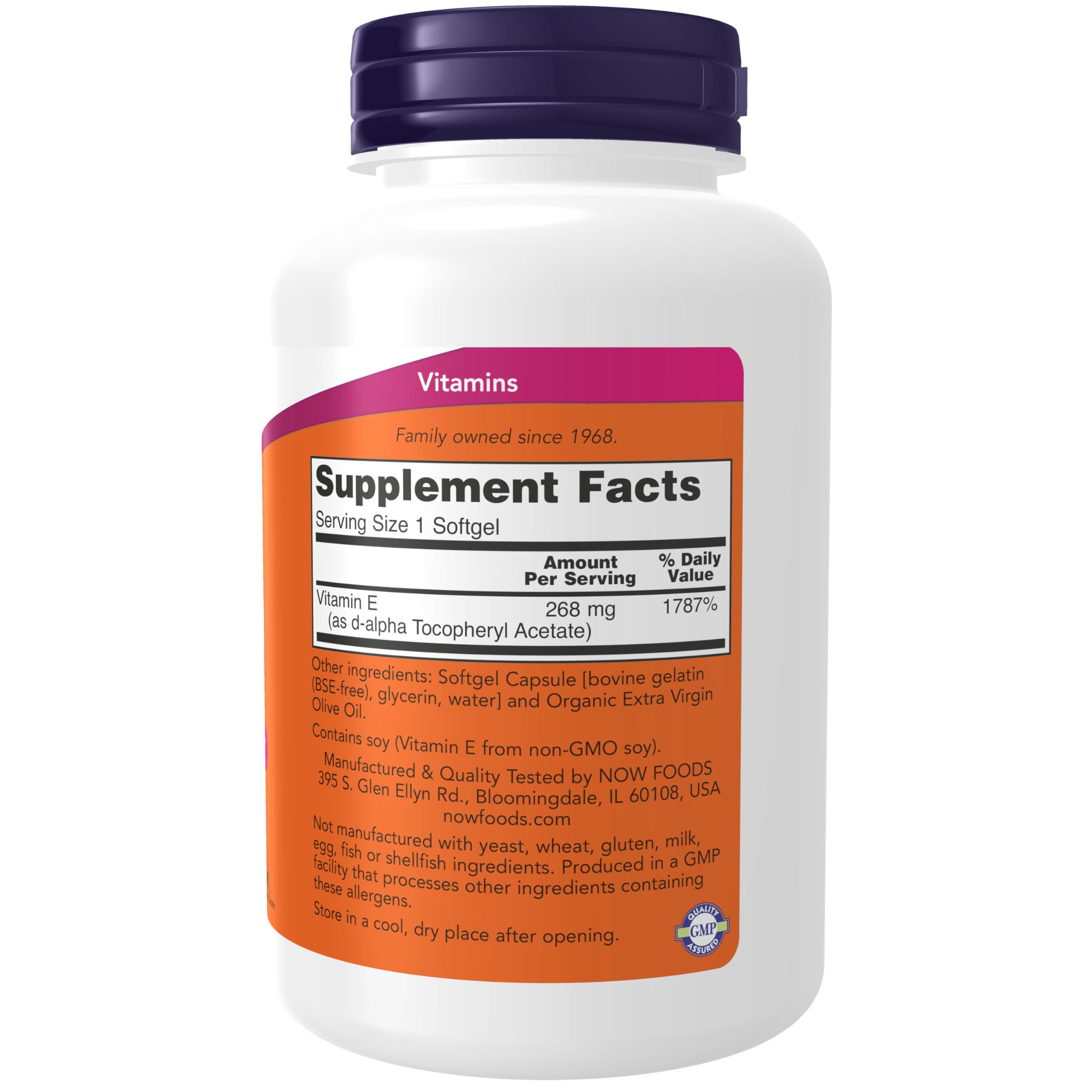NOW Foods Vitamin E-400 IU softgels close-up showing easy-to-swallow capsules.