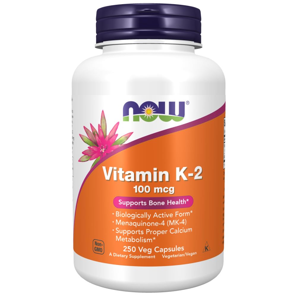 NOW Foods Vitamin K-2 250 bottle on table with capsules for bone support