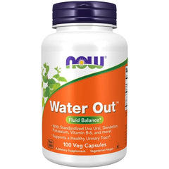 NOW Foods Water Out bottle close-up showing herbal blend for gentle fluid balance