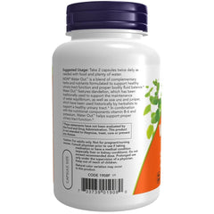 NOW Foods Water Out ingredients chart showcases uva ursi and dandelion for balance