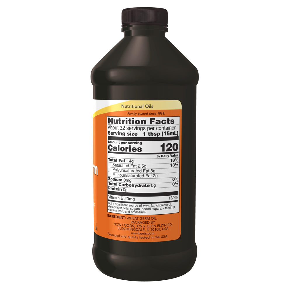 NOW Foods Wheat Germ Oil bottle closeup shows natural color and purity