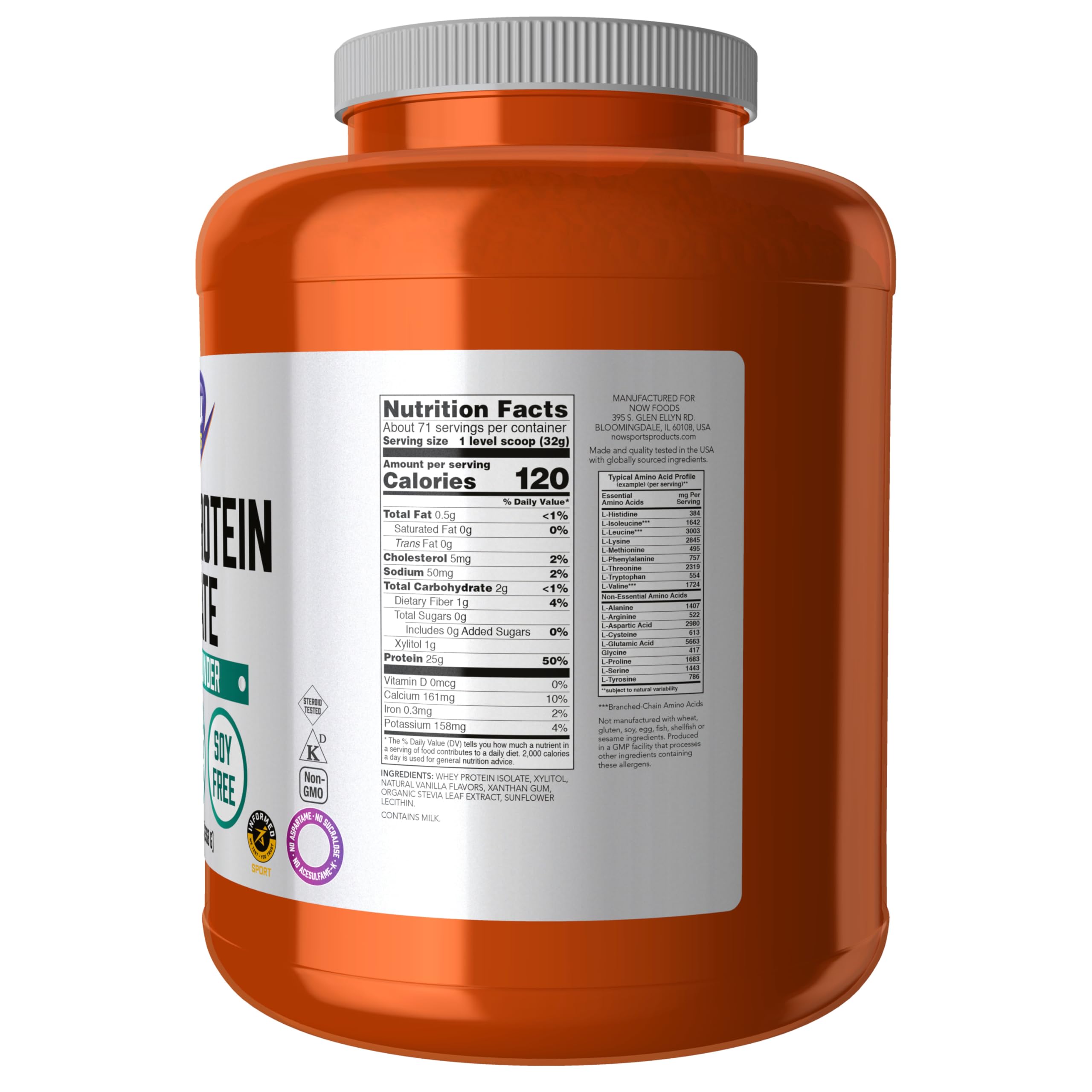 NOW Foods Whey Isolate BCAAs information label highlights amino acids for training days