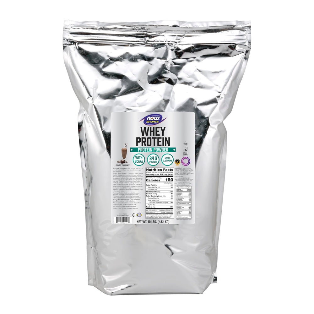 NOW Foods Whey Protein with BCAAs creamy chocolate powder 10 lb in canister.