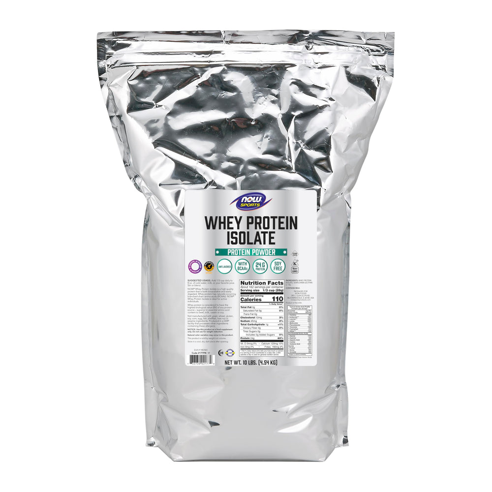 NOW Foods Whey Protein Isolate bottle showing premium protein for active lifestyles
