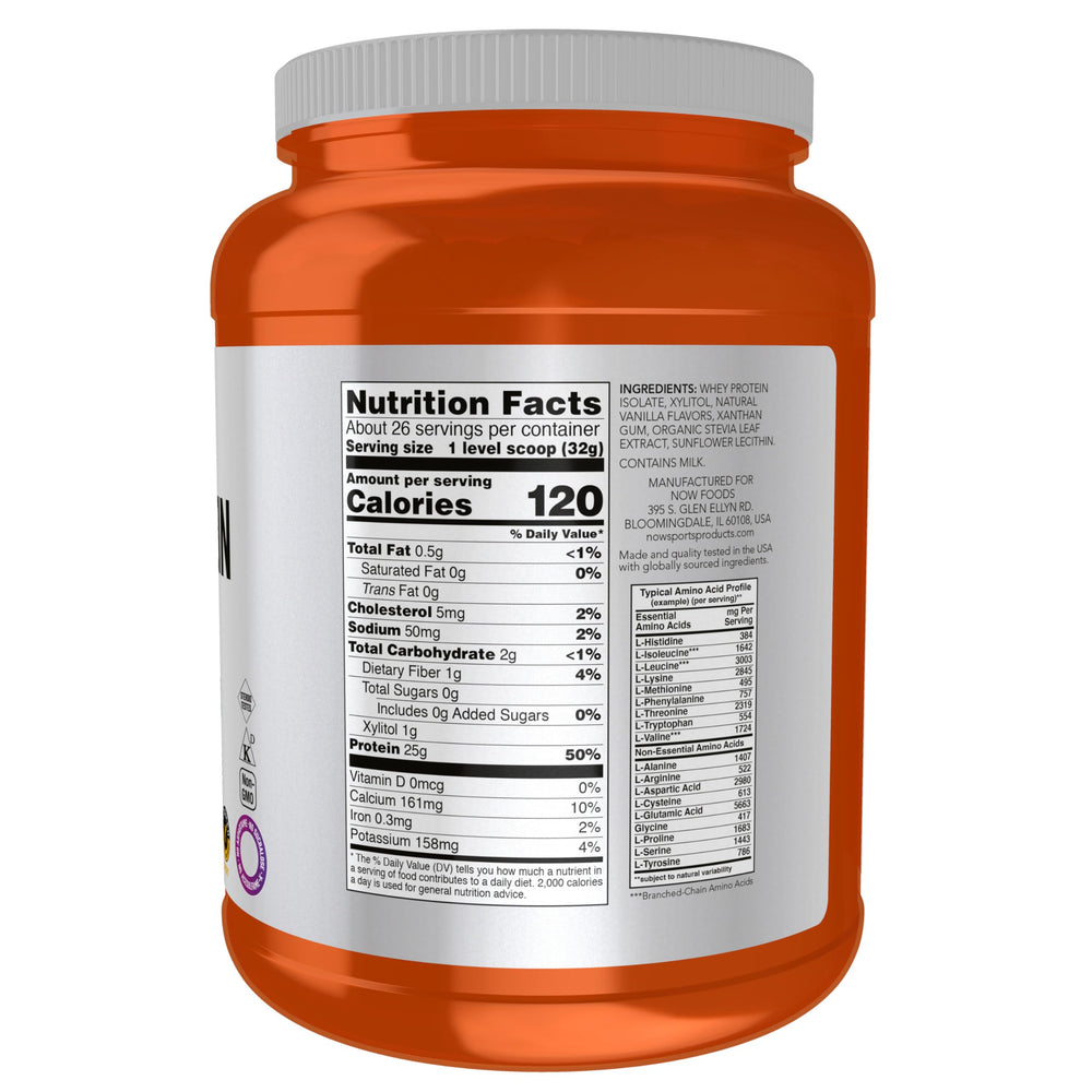 NOW Foods Whey Protein Isolate creamy vanilla scoop showing easy mixability